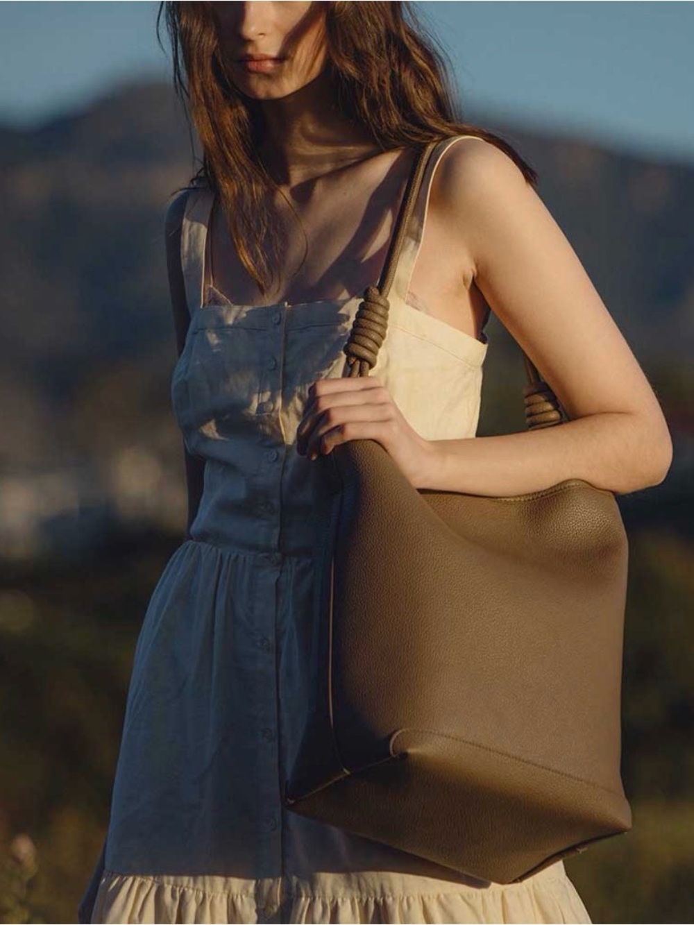 Melie Bianco Taupe Vegan Leather Knotted Strap Bucket Shoulder Bag